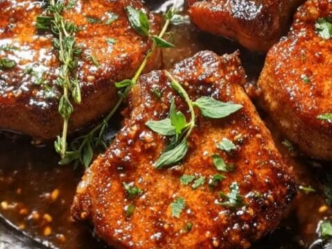 Close-up of golden-brown pork chops in a cast-iron skillet, glistening with a thick honey garlic glaze and topped with fresh