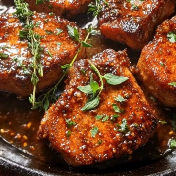Close-up of golden-brown pork chops in a cast-iron skillet, glistening with a thick honey garlic glaze and topped with fresh