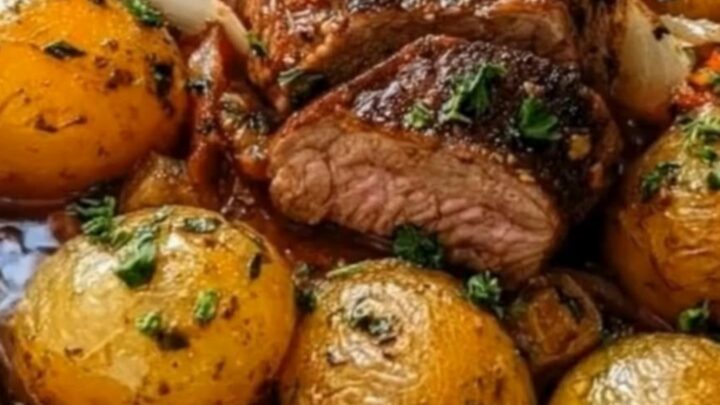 A beautifully sliced, tender beef tenderloin served with golden, herb-roasted baby potatoes on a white plate.