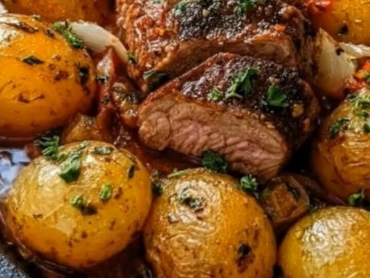 A beautifully sliced, tender beef tenderloin served with golden, herb-roasted baby potatoes on a white plate.