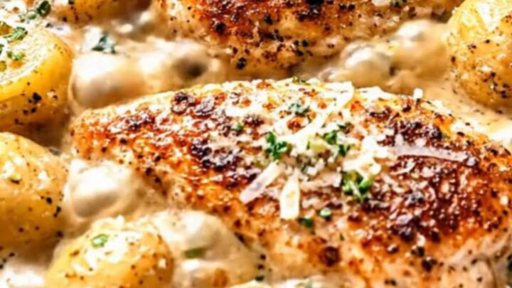 Creamy garlic parmesan chicken with tender baby potatoes in a stainless steel skillet.