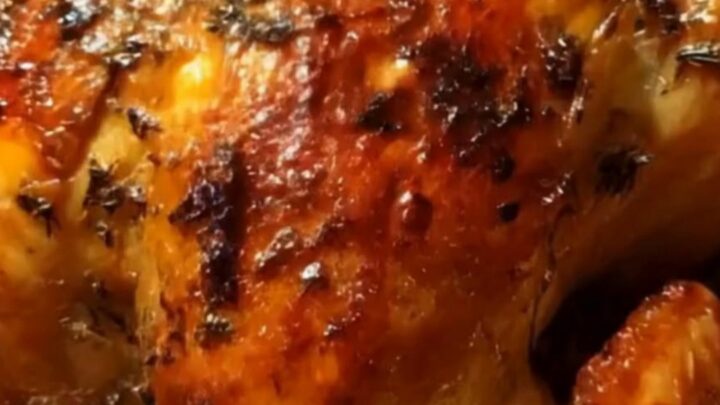 A perfectly golden-brown herb-roasted chicken resting on a rack in a roasting pan.