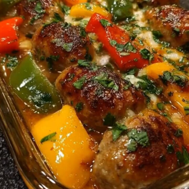 A glass dish filled with browned Italian sausage meatballs and colorful sliced bell peppers.