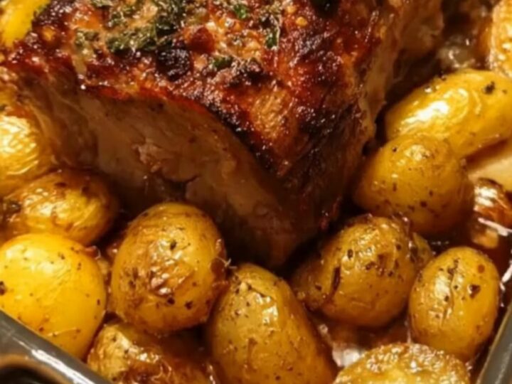 Golden garlic herb roast pork served with roasted baby potatoes on a dark tray.