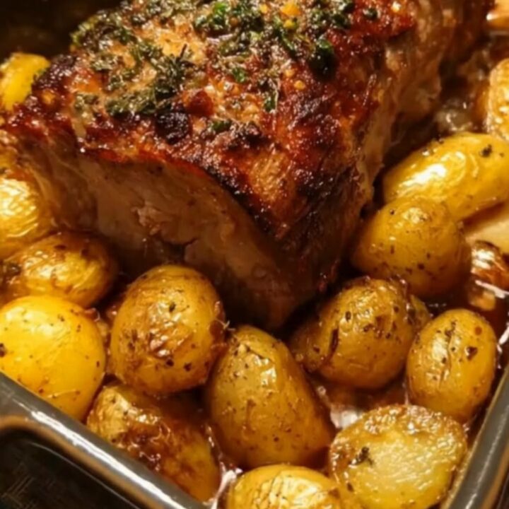 Golden garlic herb roast pork served with roasted baby potatoes on a dark tray.