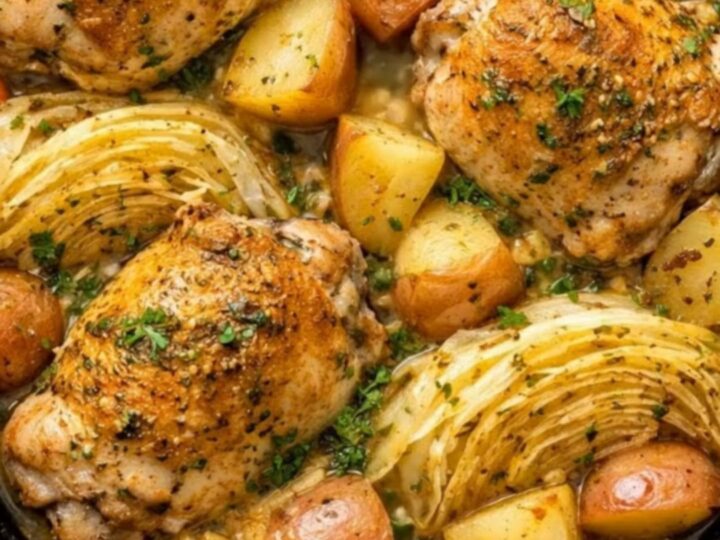 A steaming plate of slow-cooked chicken thigh served with tender cabbage wedges and baby red potatoes in a light broth.
