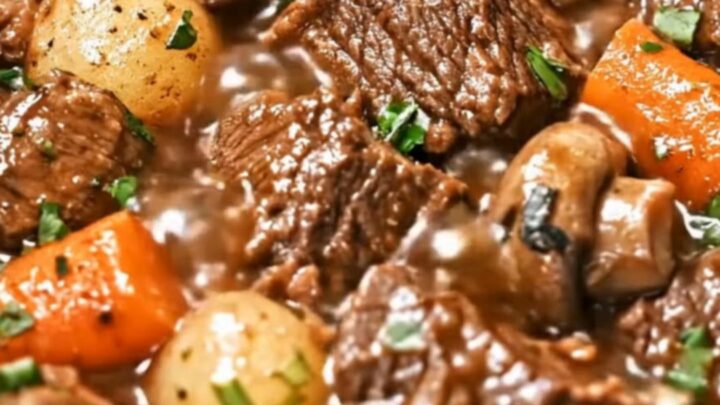 A steaming, rich bowl of beef stew featuring tender chunks of beef, carrots, and potatoes.