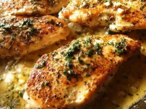Golden-seared garlic butter chicken breasts glistening in a rustic cast-iron skillet.