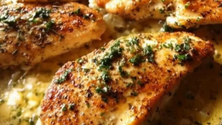 Golden-seared garlic butter chicken breasts glistening in a rustic cast-iron skillet.