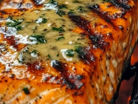 Glistening charred grilled salmon fillets on hot grill grates with warm lemon-herb butter cascading over them
