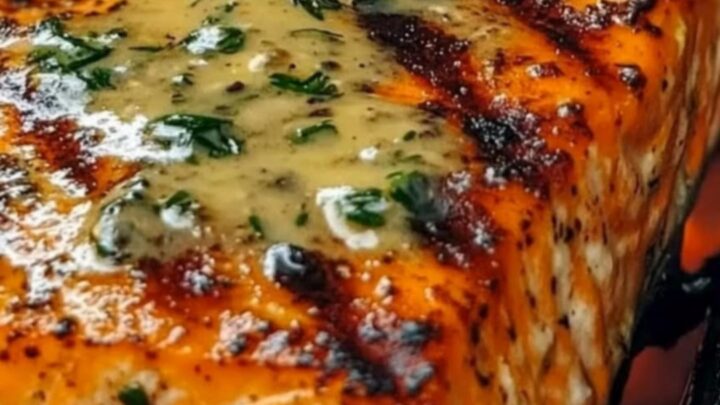 Glistening charred grilled salmon fillets on hot grill grates with warm lemon-herb butter cascading over them