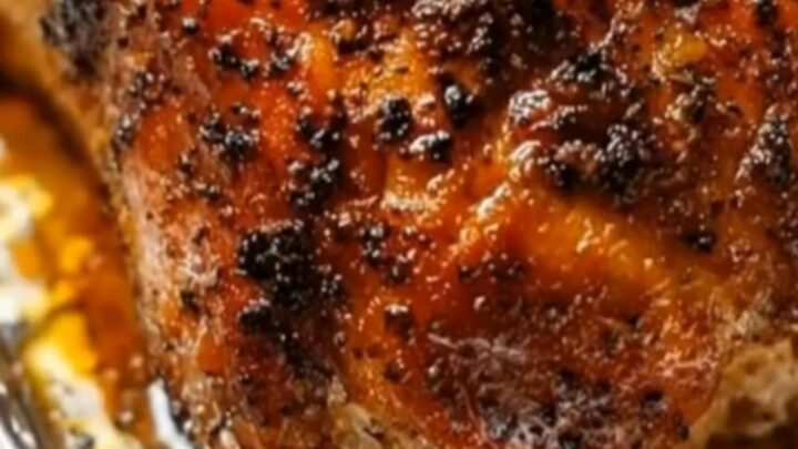 A beautifully caramelized honey garlic pork roast garnished with fresh rosemary and thyme in a baking pan.