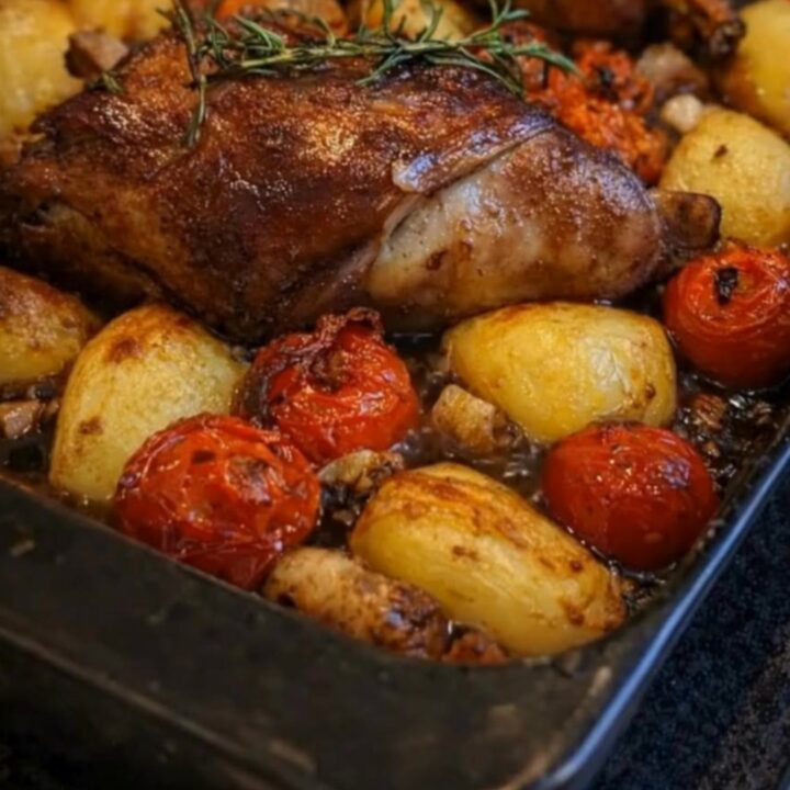 A rustic roasting pan filled with herb-crusted lamb, golden roasted potatoes, and burst cherry tomatoes.