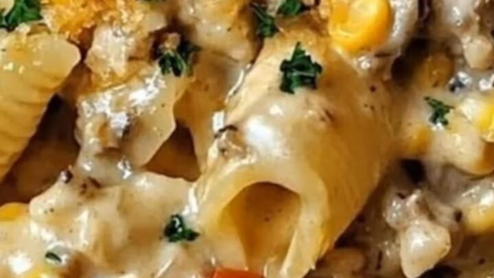 A steaming, creamy portion of pasta shells with chicken and corn in a skillet, topped with golden breadcrumbs.
