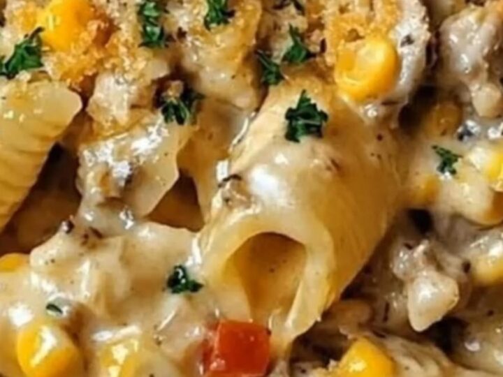 A steaming, creamy portion of pasta shells with chicken and corn in a skillet, topped with golden breadcrumbs.