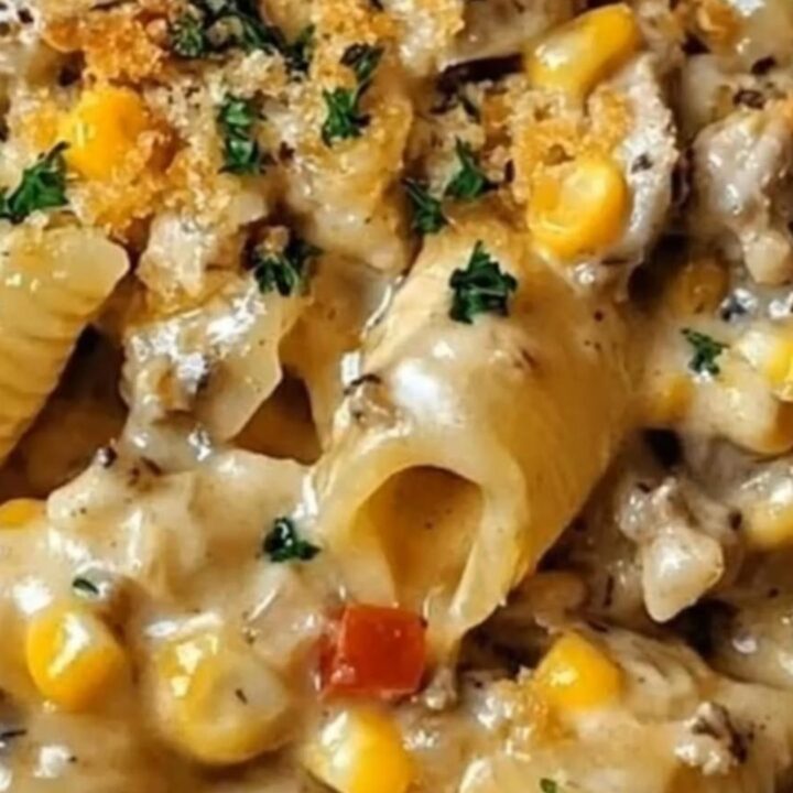 A steaming, creamy portion of pasta shells with chicken and corn in a skillet, topped with golden breadcrumbs.