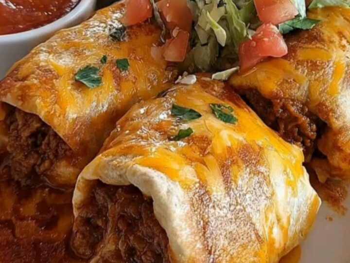 A golden, crispy beef chimichanga topped with red sauce, sour cream, and shredded lettuce on a white plate.