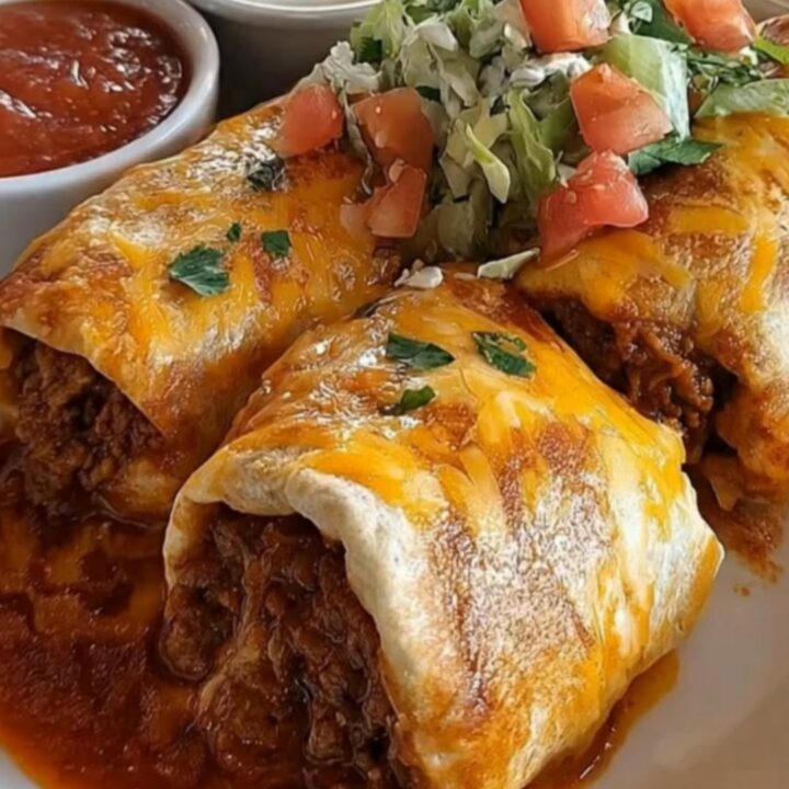 A golden, crispy beef chimichanga topped with red sauce, sour cream, and shredded lettuce on a white plate.
