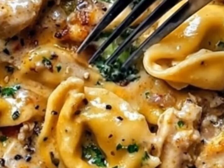 A shallow white bowl filled with creamy chicken and broccoli tortellini in a glossy parmesan sauce.