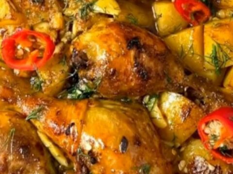Golden-brown roasted chicken drumsticks and potatoes in a roasting dish garnished with fresh dill.