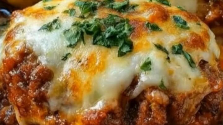 A close-up of a baked potato stuffed with seasoned ground beef and melted mozzarella cheese in a cast-iron skillet.