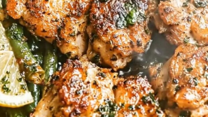 A golden-seared chicken thigh and green beans served on a white plate.