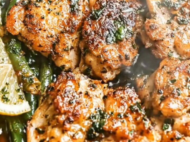 A golden-seared chicken thigh and green beans served on a white plate.