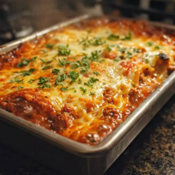 A golden-brown lasagna in a metal baking pan with melted cheese and fresh parsley.