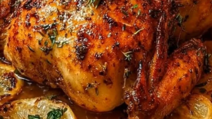 A golden-brown whole roasted chicken surrounded by caramelized lemon slices in a roasting pan.