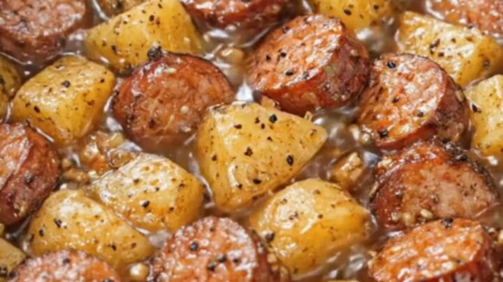 A close-up of a serving spoon scooping steaming sausage and potato chunks from a black slow cooker.