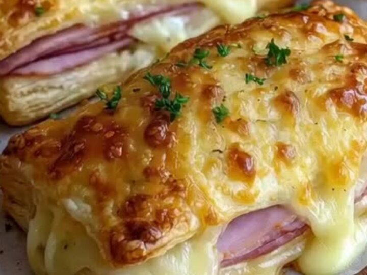 A golden, flaky ham and cheese puff pastry turnover being pulled apart with an oozing cheese stretch.