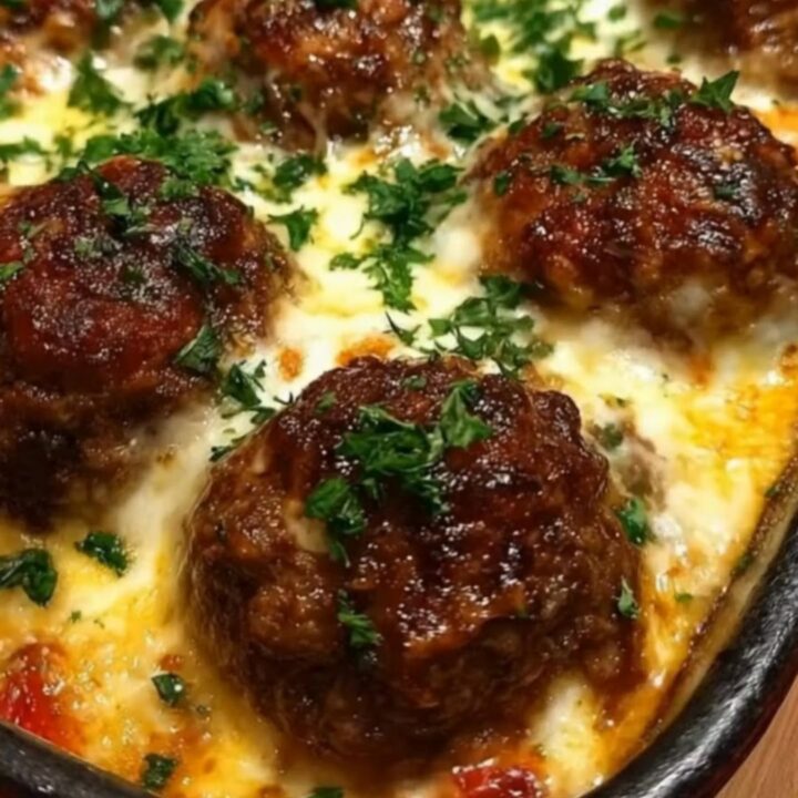 A red baking dish filled with bubbling baked meatballs under melted cheese and fresh parsley.