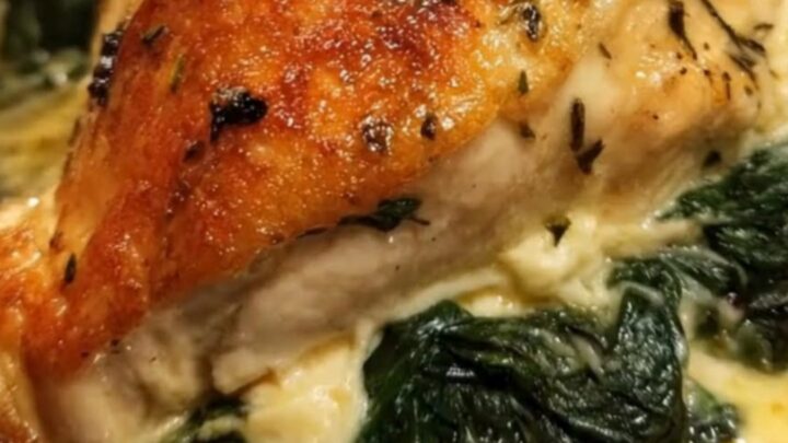 A golden-brown seared chicken breast sitting in a glass baking dish, filled with creamy spinach.