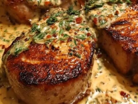 Four golden-brown seared pork chops resting in a creamy white herb sauce inside a black cast-iron skillet.