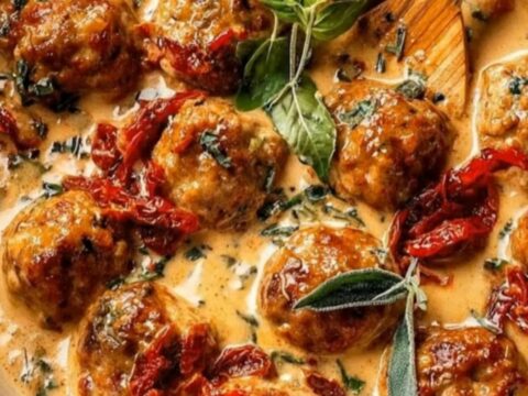 Golden brown chicken meatballs in a creamy sun-dried tomato sauce with steam rising from the skillet.