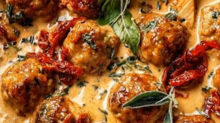 Golden brown chicken meatballs in a creamy sun-dried tomato sauce with steam rising from the skillet.