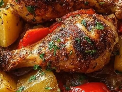 Golden rustic baked chicken drumsticks and tender roasted potatoes in a baking pan.