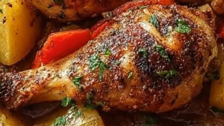 Golden rustic baked chicken drumsticks and tender roasted potatoes in a baking pan.