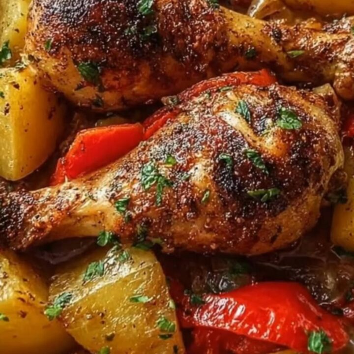 Golden rustic baked chicken drumsticks and tender roasted potatoes in a baking pan.