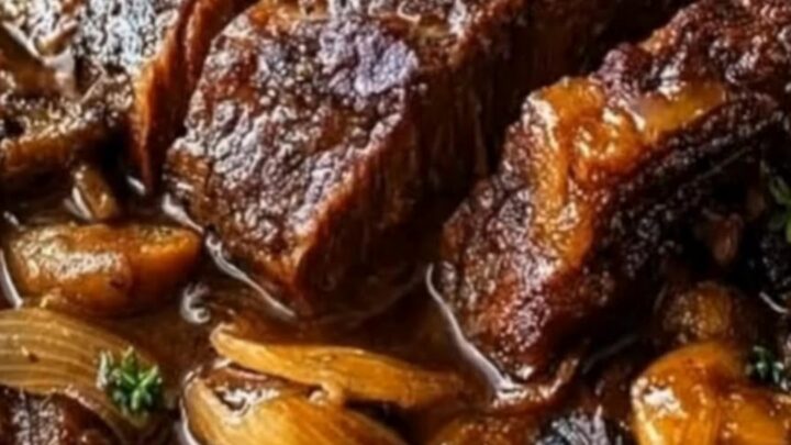 A close-up of a tender slice of beef chuck roast covered in a rich, dark mushroom and caramelized onion gravy.