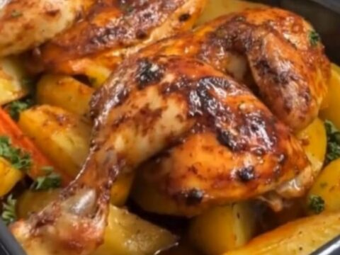 A golden-brown whole roasted chicken served in a black pan with crispy potato wedges.