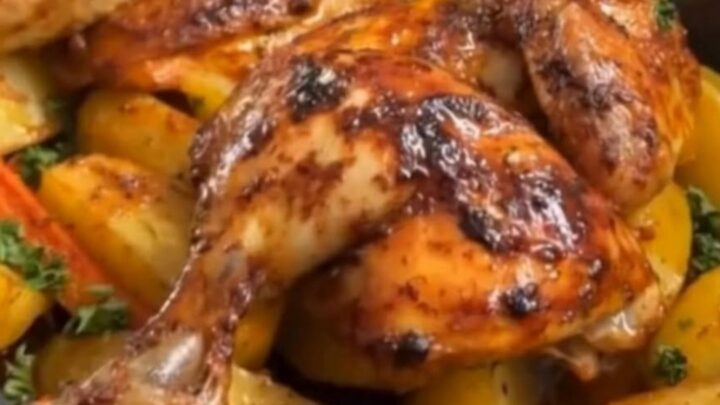 A golden-brown whole roasted chicken served in a black pan with crispy potato wedges.