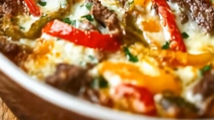 A close-up of a cheesy beef and pepper bake in a ceramic dish with steam rising.