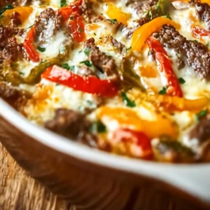 A close-up of a cheesy beef and pepper bake in a ceramic dish with steam rising.