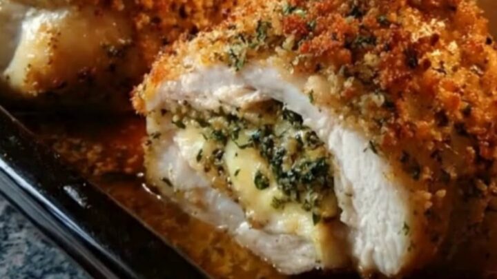 A golden, crispy oven-baked stuffed chicken breast resting in a glass dish with melted cheese oozing out.