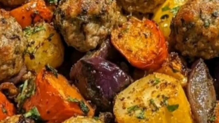 A close-up of a baking dish filled with roasted beef meatballs, bell peppers, red onions, and golden potatoes.