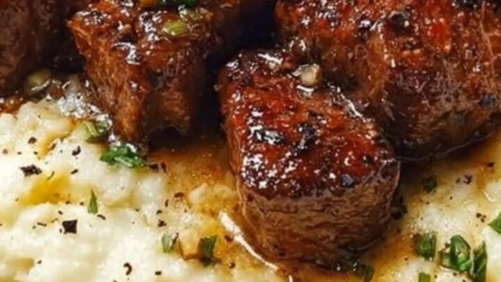 A close-up of tender, seared steak bites glistening in a garlic butter sauce served over a bed of creamy parmesan mashed