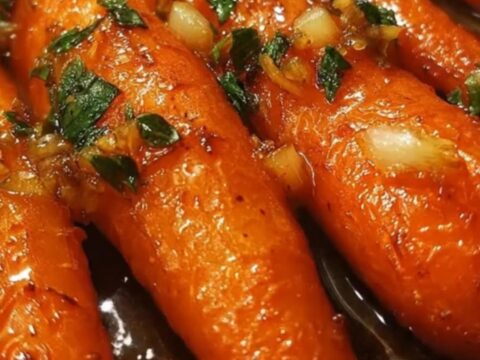 A close-up shot of glossy, honey-glazed baby carrots in a black skillet, topped with fresh chopped parsley.