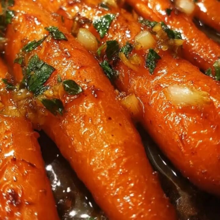 A close-up shot of glossy, honey-glazed baby carrots in a black skillet, topped with fresh chopped parsley.