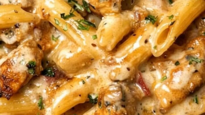 A steaming bowl of creamy garlic butter chicken penne garnished with fresh chopped parsley.